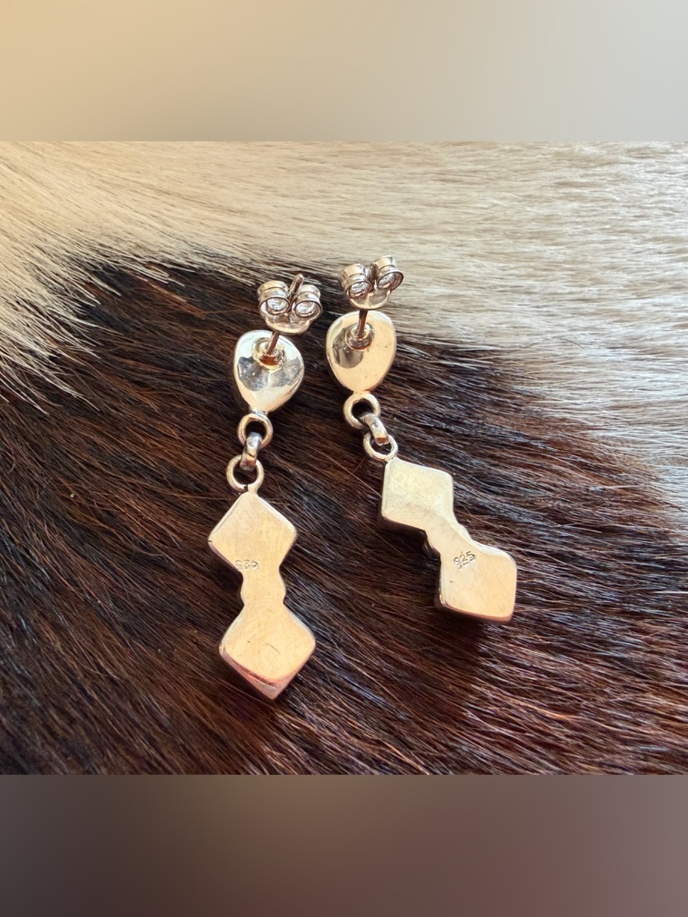 ❤️ Wild Horse Jasper & Cotton Candy Turquoise Post Back Dangle Sterling Earrings - Picture 8 of 15